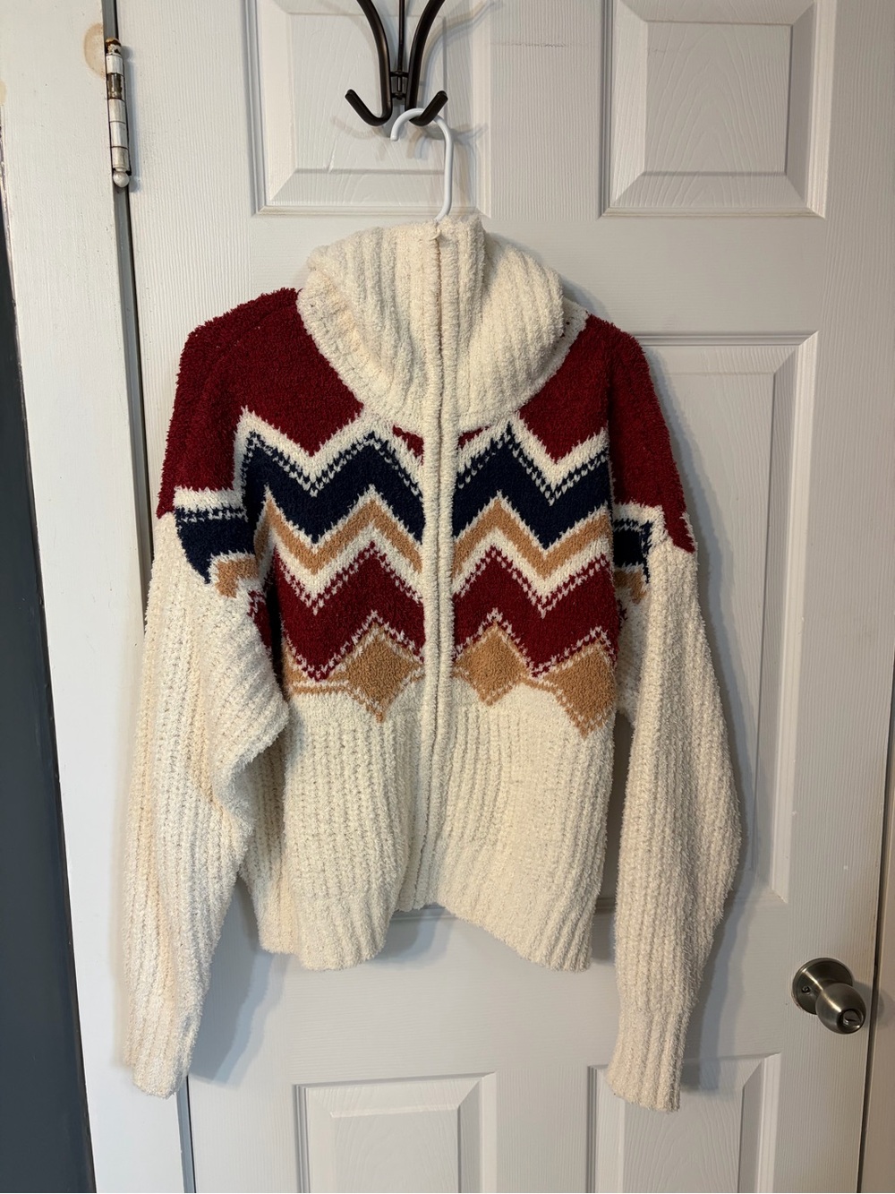 aerie high neck Knit zip Sweater - Cream, Red & Navy